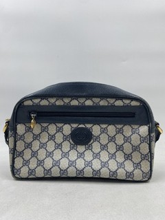 Vintage Gucci Navy Grey GG Supreme Canvas Crossbody Bag Gold Hardware COA