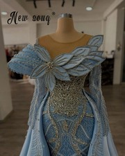 Gorgeous Blue Evening Dress Detachable Train Long Sleeve Beaded Celebrity Gowns