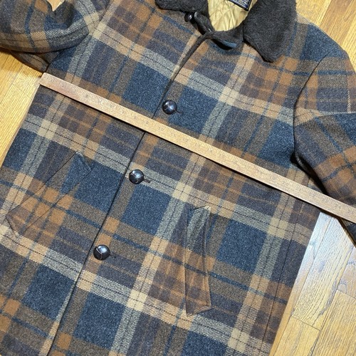 Vintage Pendleton Jacket Brown Plaid Wool USA 50s Car Coat Large Faux Fur Collar - Picture 15 of 23
