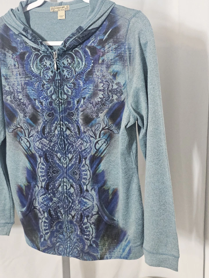 Женская толстовка с капюшоном One World Live and Let Live размер L бирюзовая на молнии с украшениями - Изображение 2 из 4