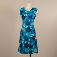 Vintage 70s 80s Hukilau Fashions Hawaiian Dress Blue Hibiscus Floral Cotton 14
