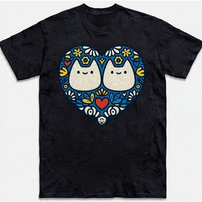 Cute Cats T-Shirt Two Kittens Blue Floral Heart Folk Art Love Valentine Gift