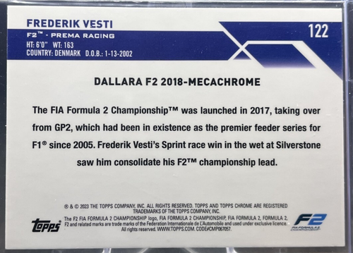 2023 Topps Chrome Sapphire Formula 1 F1 Frederik Vesti Gold 29/50 #122 - Picture 2 of 2