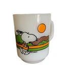 Vtg Anchor Hocking Snoopy Milk Glass Mug 1958 Keeping Fit Is Hard Work 1960s