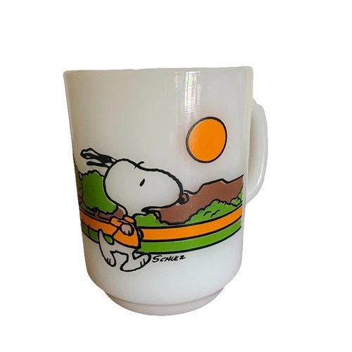 Vtg Anchor Hocking Snoopy Milk Glass Mug 1958 Keeping Fit Is Hard Work 1960s