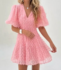 New AMABLE by MABLE Anthropologie PINK BETSY FRINGE PUFF DRESS Party Cocktails S