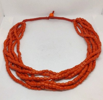 Vintage Handmade 7 Strand Orange Red Glass Bead Necklace 19'' Read Discription