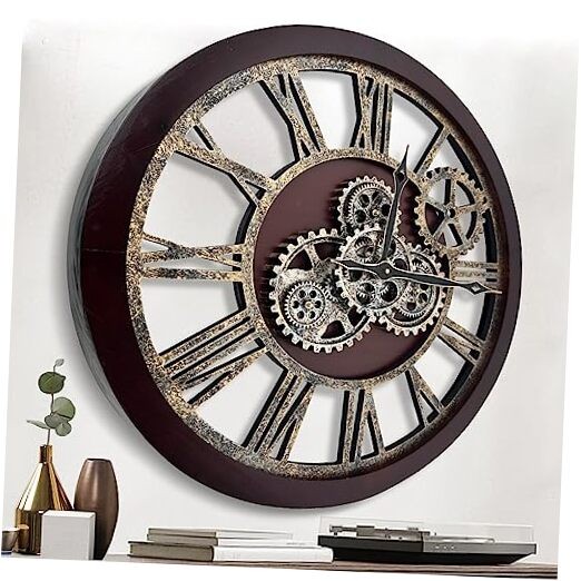 The B-Style Large Wall Clock Moving Gear Wall 24 inch Cherry Red and Bronze