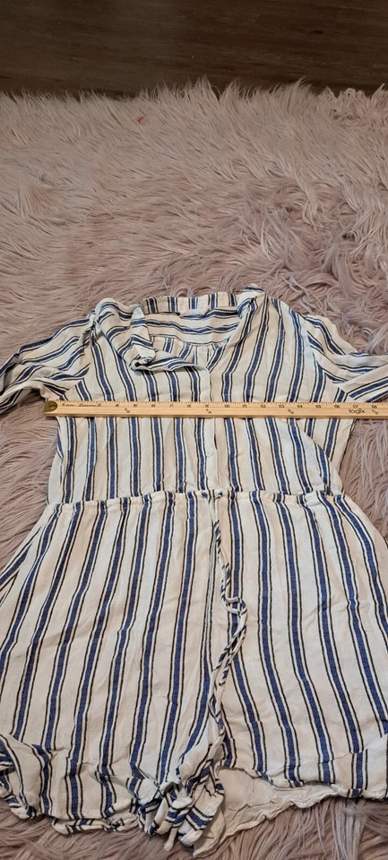 Mameluco de mujer exuberante blanco/azul con cuello de banda de rayón a rayas manga larga talla mediana Foto 2 de 4