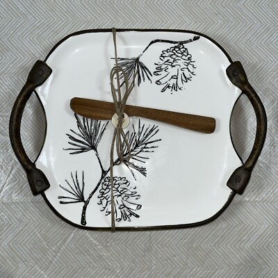 Mud Pie Pinecone Ceramic Rustic Hostess Serving/Cheese Tray White & Brown 10x8 