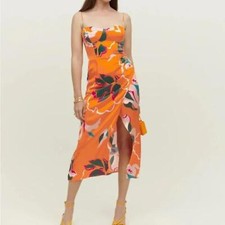 Orange Floral Reformation Marguerite Silk Sun Midi Dress in Electra