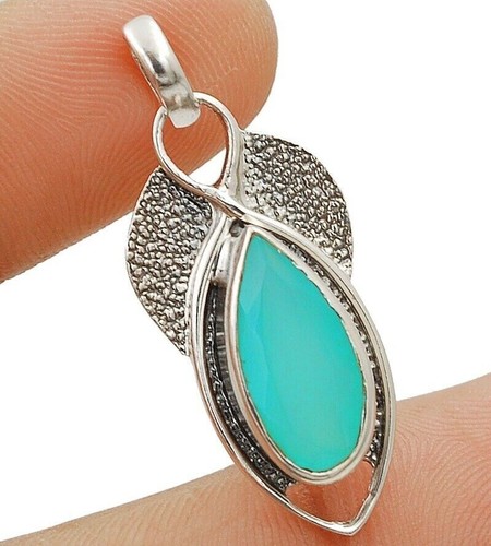 Natural Aquamarine Chalcedony 925 Sterling Silver Pendant 1 1/2" Long @9-1