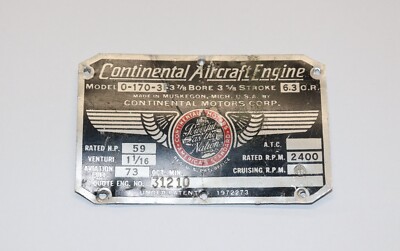 Original Continental O-170-3B Aircraft Engine Data Plate, Authentic #1