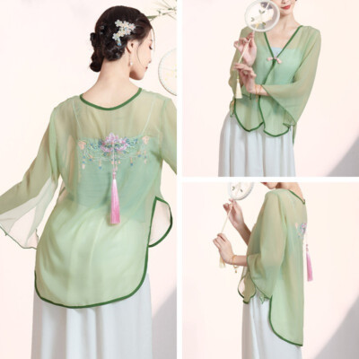 Women's Chinese Sheer Shirt Mesh Cardigan Floral Embroidery Blouse