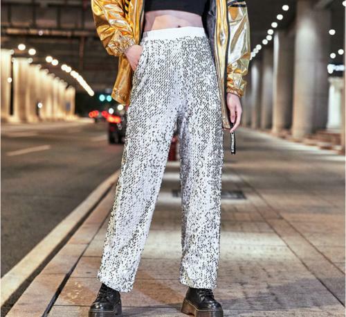 Paillettes da uomo glitter pantaloni festa casual vita elastica cantante pantaloni lucidi NUOVI - Foto 6 di 13