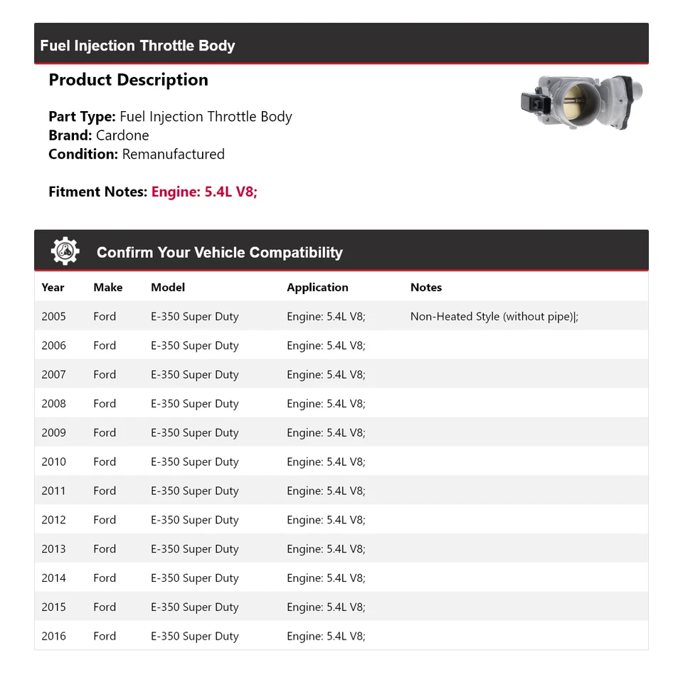 Ford E-350 Super Duty 2005-2016 5,4 L V8 carrocería de acelerador de inyección de combustible cardone Foto 2 de 4