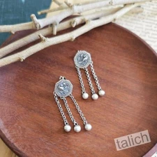 Antique Sterling Silver Ornate Bird Flower Earrings with Tassel Chain Bead Drop