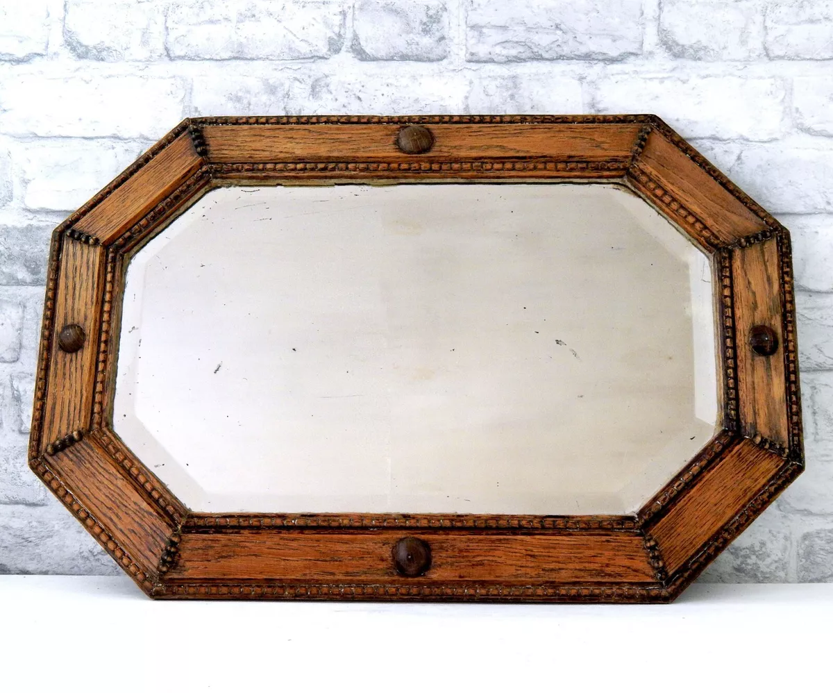 Large Oak Wood Antique Edwardian Victorian Octagonal Wall Mirror Wooden Beveled