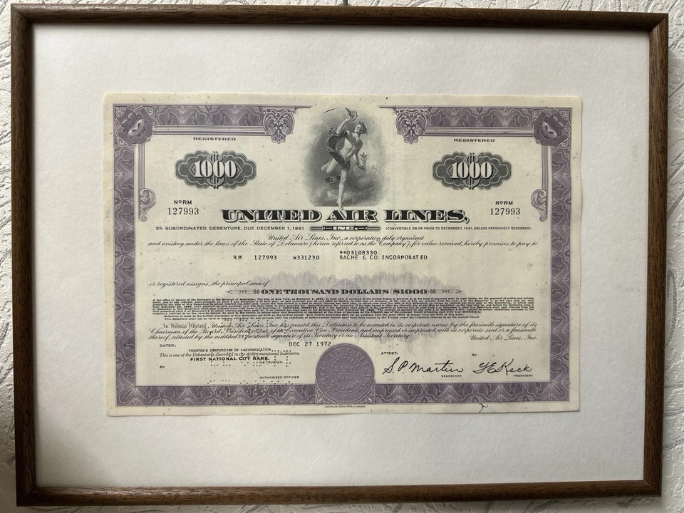 United Air Lines $1000 Registered 5% Subordinated Debenture 1972 gerahmt - Bild 1 von 2