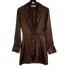 Reformation Alaine 100% Silk Brown Mini Shirt Vneck Dress - 6
