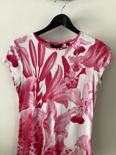 Ladies Ted Baker Pink & White Floral T-Shirt, Size 2, UK Size 10, Very Good - Imagen 5 de 6