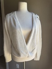VTG 90s Silk Angora Holiday Christmas Sweater Cream Off White Beaded Wrap Large