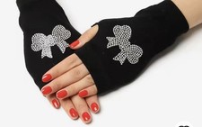 Rhinestone Bow Fingerless Gloves Black Sparkly Knit Winter Warm Christmas Gift