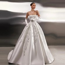 Strapless Satin Wedding Dress Lace Applique A-line Princess Bridal Gowns Custom