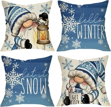 Fundas Cojin Invierno Azul 18x18 Set 4 Gnomos Nieve Navidad Sofa Decor Hogar