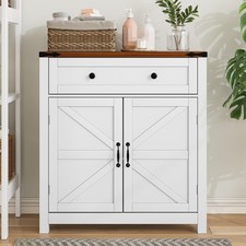 Farmhouse Storage Cabinet Drawer Adjustable Shelf 2 Barn Doors White Bathroom