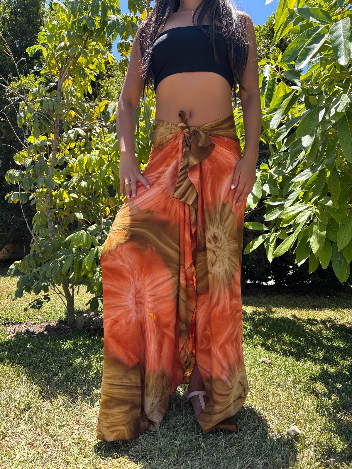 Hawaiian Design Sarong Orange Tan Brown Tie Dye Luau Wrap Beach Pareo Dress