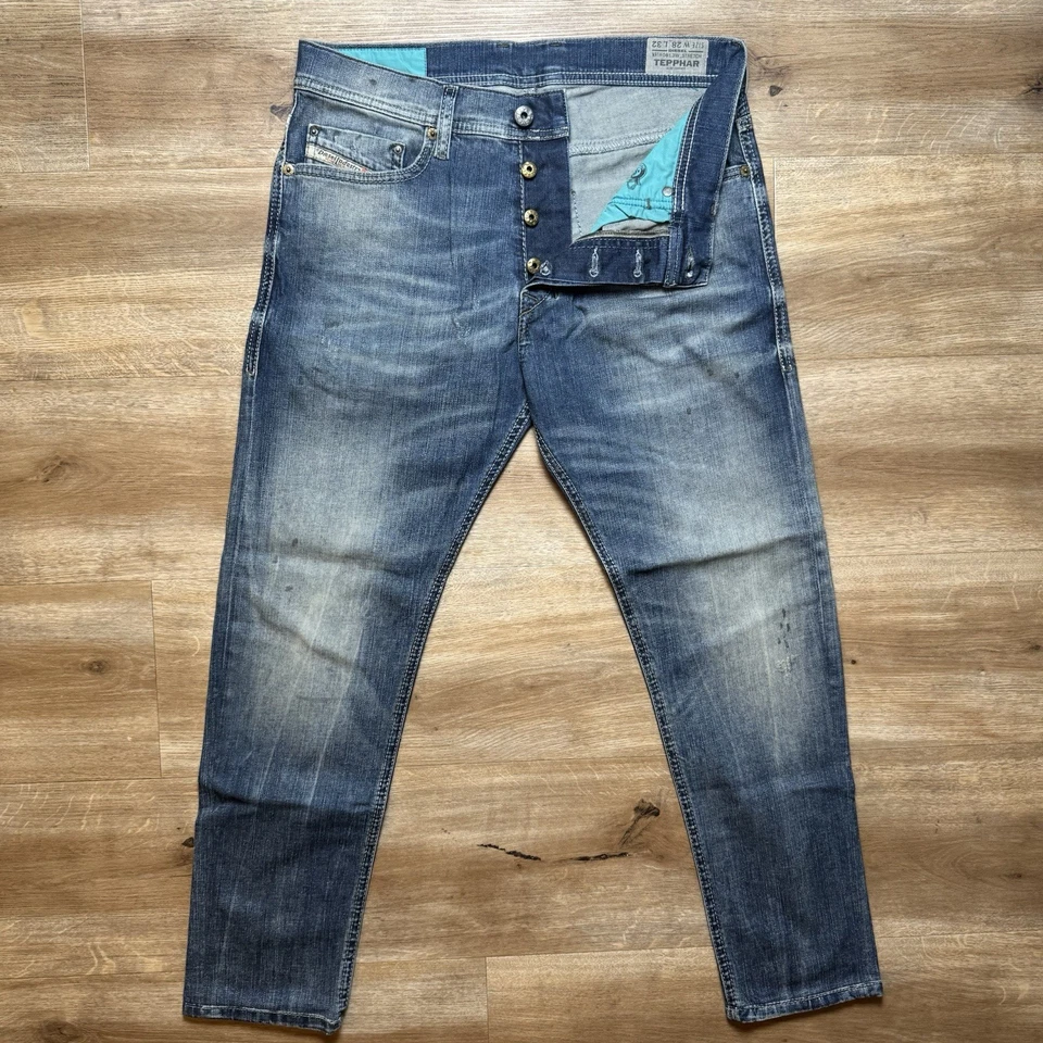 Diesel Jeans Men 30x26 Blue Tepphar Slim Carrot Stretch Dirty Wash Skater Modern - Image 2 of 4
