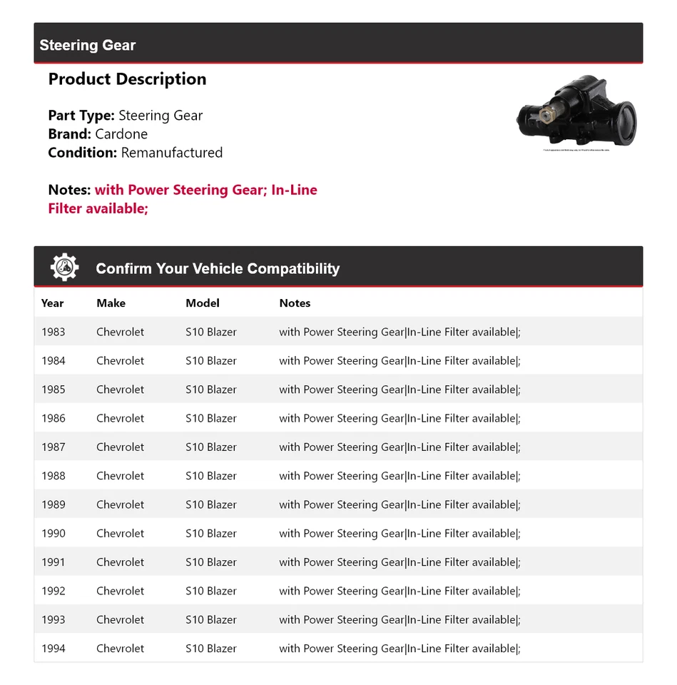 Para Chevrolet S10 Blazer 1983-1994 engranaje de dirección Cardone 1984 1985 1986 1987 Foto 2 de 4