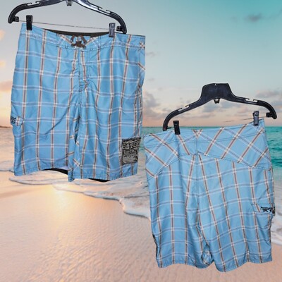 Vintage Gotcha Graphic Board Shorts Plaid Blue men s Size 36 Surf for Life