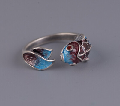 I05 Ring Blue Purple Fish Cloisonne Sterling Silver 925 Size Adjustable