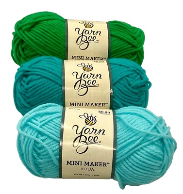 3 Skeins Yarn Bee Mini Maker Acrylic Yarn Teal Aqua Green, 1.05 Oz NEW
