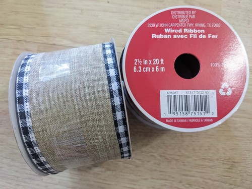 2 Christmas Ribbon Holiday 2.5"x20ft Wired Ribbon Black & White Plaid Burlap - 第 1/3 張圖片