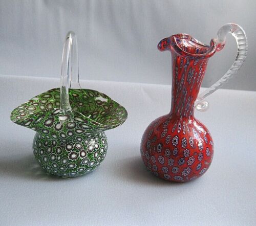 2x Millefiori Glas: Körbchen / kleine Vase oder Karaffe / Blümchen Muster Murano - Afbeelding 1 van 2