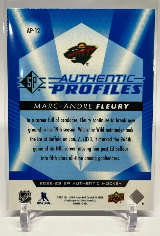 2022-23 SP FLEURY Authentic Profiles Blue AP-12 Minnesota Wild UD MARC-ANDRE - Image 2 of 2