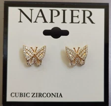 New Napier Gold Tone Cubic Zirconia Butterfly Stud Earrings
