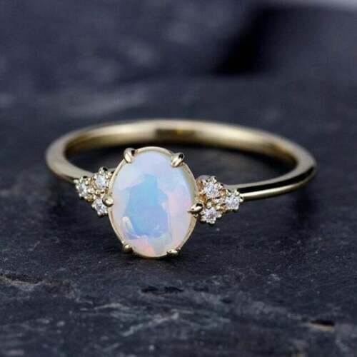 Solitaire Engagement  Ring 14K Yellow Gold Plated 3Ct Oval Created Opal/Diamond-image
