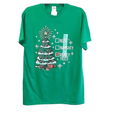Nice Naughty Really Tried Christmas Crew Neck Tee Unisex Medium Green Short Slv