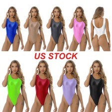 Womens Glossy Sleeveless High Cut Bodysuit One-piece Swimsuit Yoga Thong Leotard