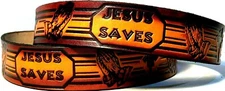 JESUS SAVES RELIGIOUS CHRISTIAN CROSS EMBOSSED 100% GENUINE COWHIDE LEATHER BELT