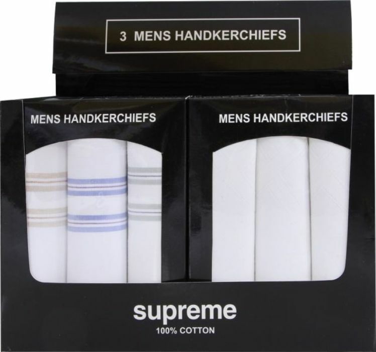 MENS GENTS PLAIN 100 COTTON 3 PACK WHITE HANDKERCHIEFS HANKIES BOXED