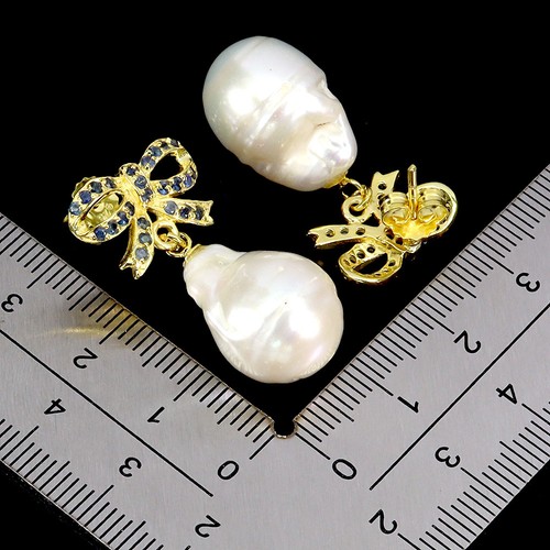 925 Sterling Silver Earrings Round Blue Sapphire Pearl Natural Gemstone Jewelry - Picture 3 of 14