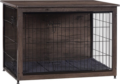 Dog Crate Furniture with Cushion, Wooden Kennel Table with Double Doors, Indoor