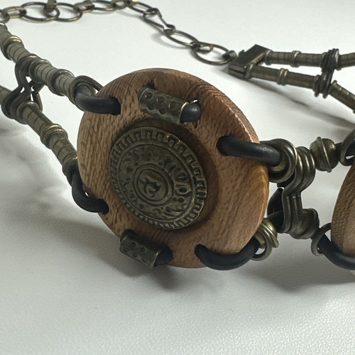 VTG Y2k Festival Medallion Belt Wood Brass Link Chain Adjustable Boho Tribal - Picture 10 of 14