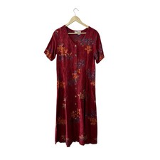 Norm Thompson Medium Shell Button Front Dress Red Rayon Batik Midi Maxi Womens