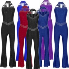 Women Dancewear Skating 1-Piece Dance Jumpsuit Rhinestones Bodysuit Leotards